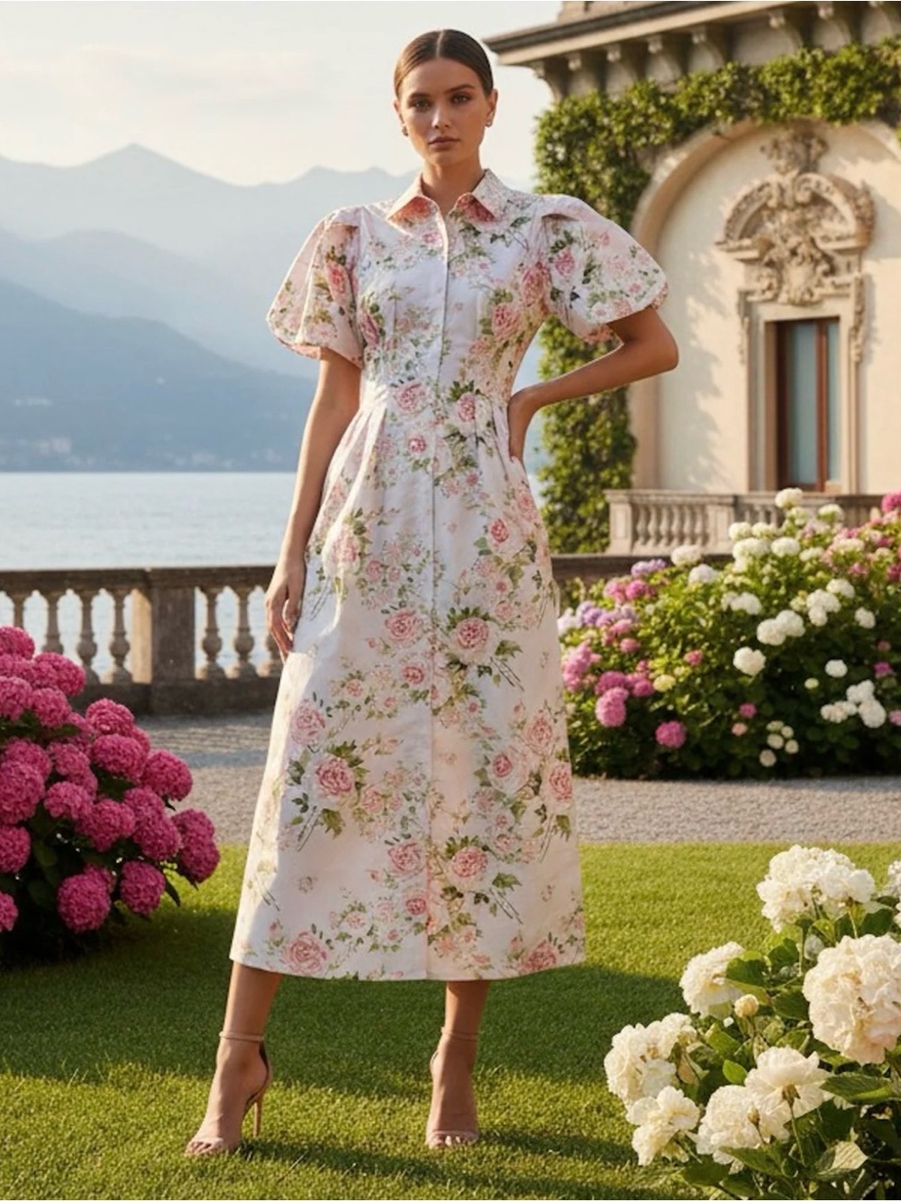 Floral Shirt‑Collar Midi Dress in Pink and White